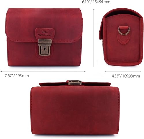 Miniatura 3 de MegaGear Pebble MG1722 - Bolsa de mensajero de piel auténtica para cámaras sin espejo, instantáneas y DSLR, color granate