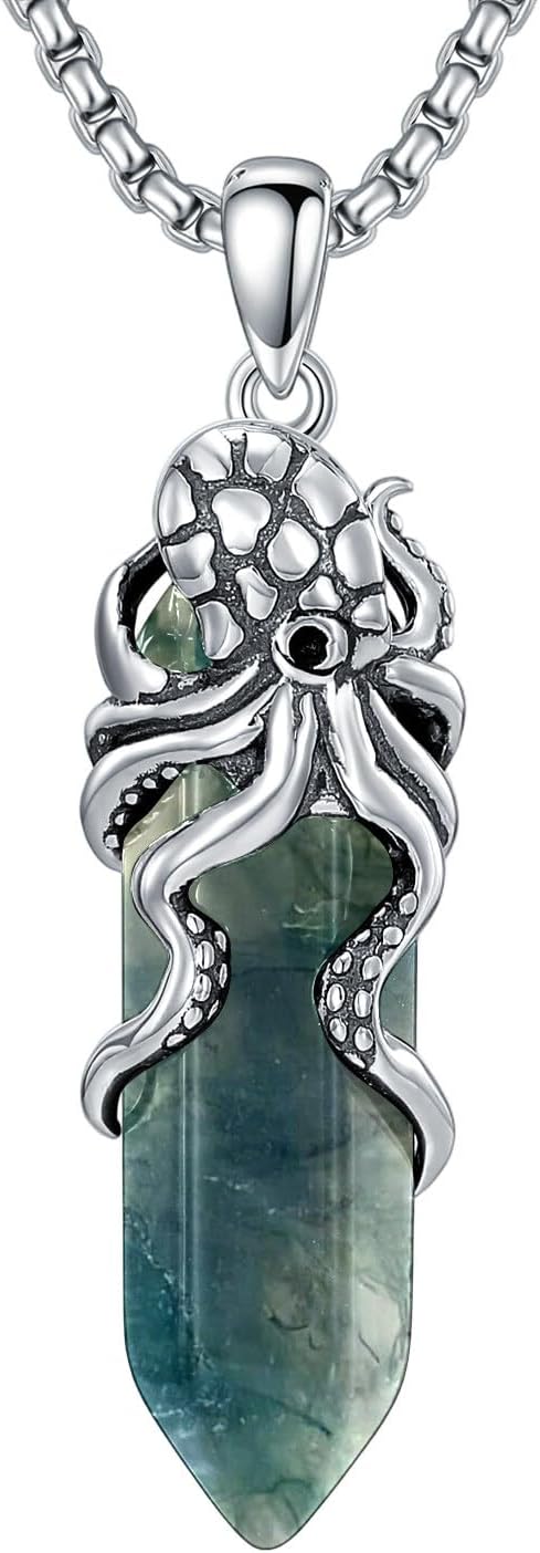 Octopus Necklace with Gemstone 925 Sterling Silver Sea Ocean Animal Pendant Necklace for Men Women, w/Stainless Steel Chain 22 + 2 Inch