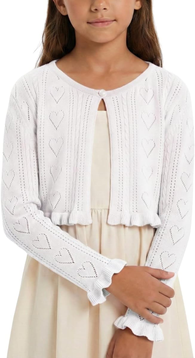Girls Cotton Knit Shrug Cardigan with Long Sleeve Ruffle Hem