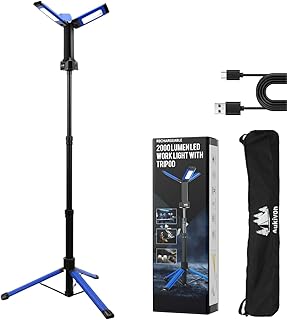 Rechargeable LED Work Light with Stand, Portable LED Tripod Work Light, 8AH Battery, 700/1200/2200 Lumen, 4000/6500K Cordless LED Work Light with Storage Bag, Tripod Work Light for Indoor