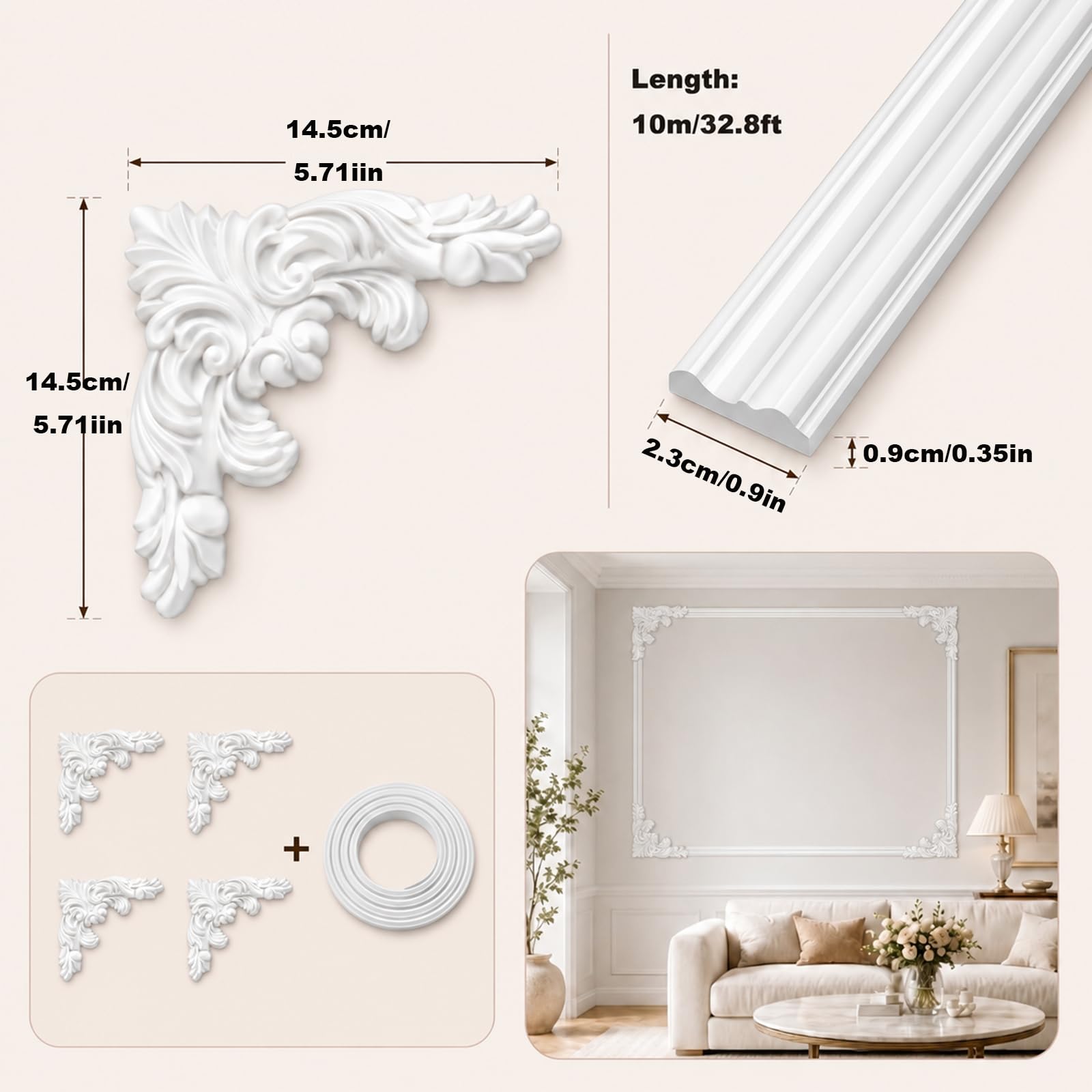 Modanature per Pareti Flessibile con 4 Angoli E 5/10/15m di Profilo in PVC 14.5cm*14.5cm,10m