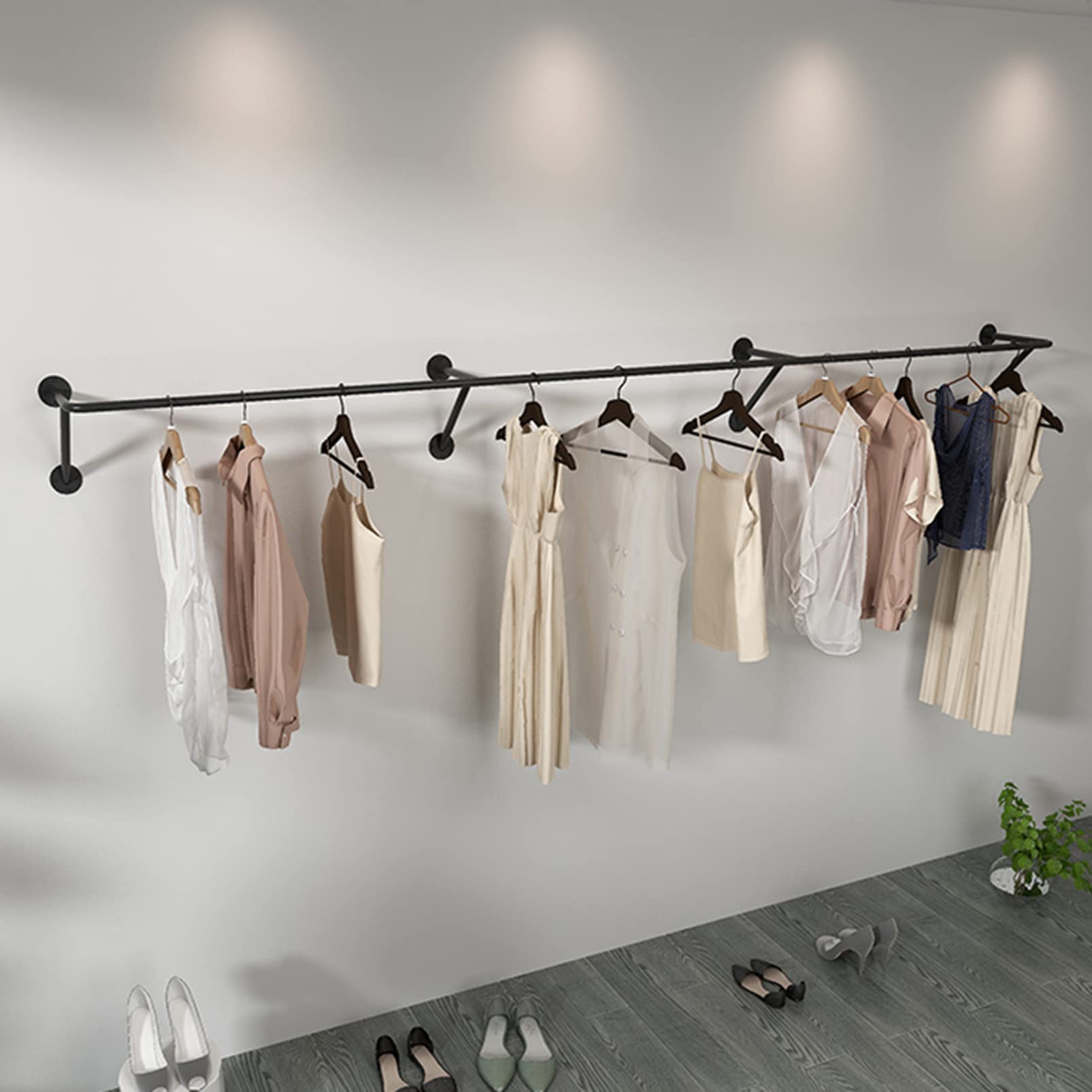 HPTHLY Modern Retail Garment Display Rack, Boutique Store Hanger Industrial Pipe Clothes Bar, Wall-Mounted Garment Holder Storage Shelves Gold Clothes Rod, Cloakroom Organi(Black-Length 300Cm)