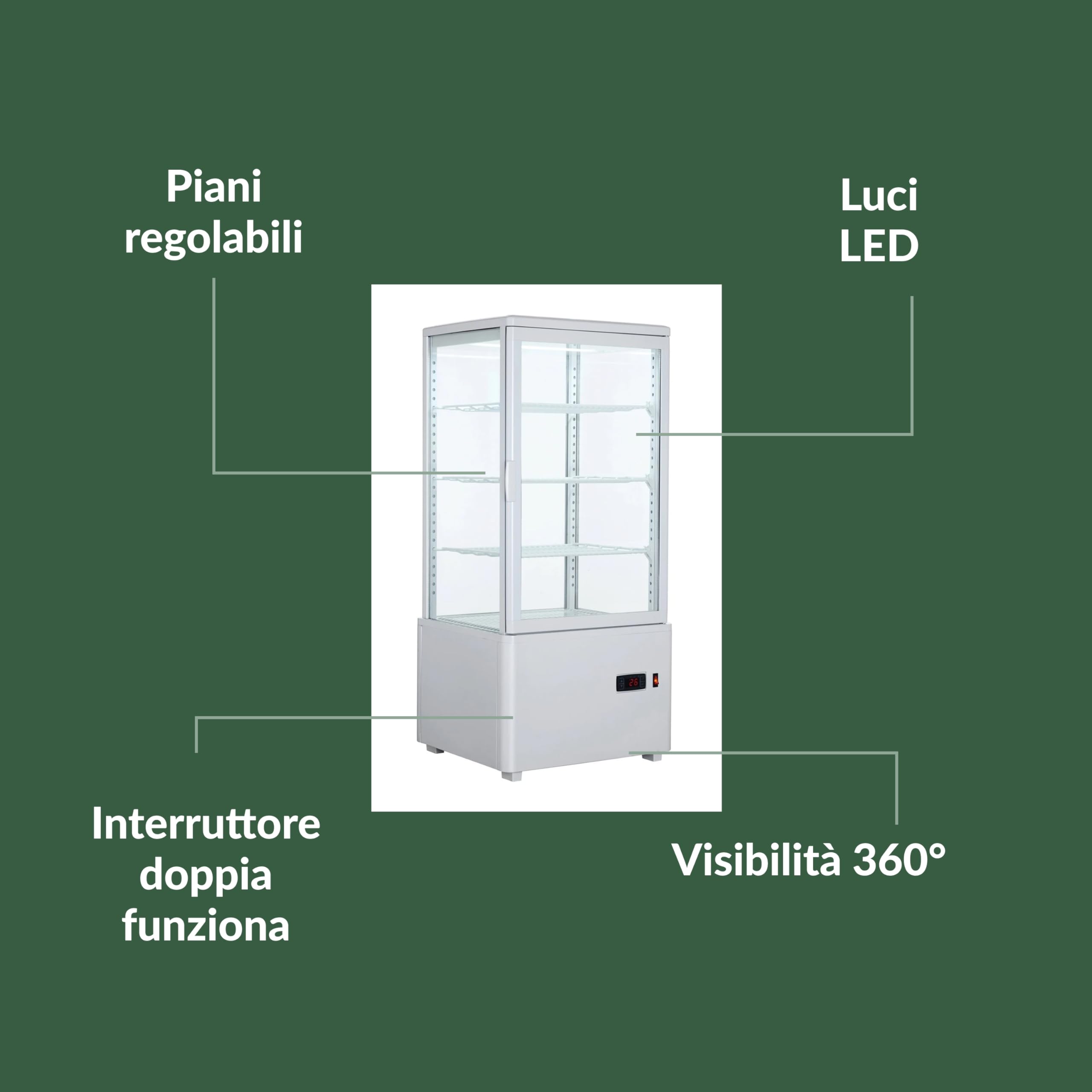 Ristoattrezzature Vetrina Dual-Temp Caldo/Freddo 78 lt - 4 Lati Vetro - Bianca - +2+10/+30+90 °C - 44,7x40x96,9h cm