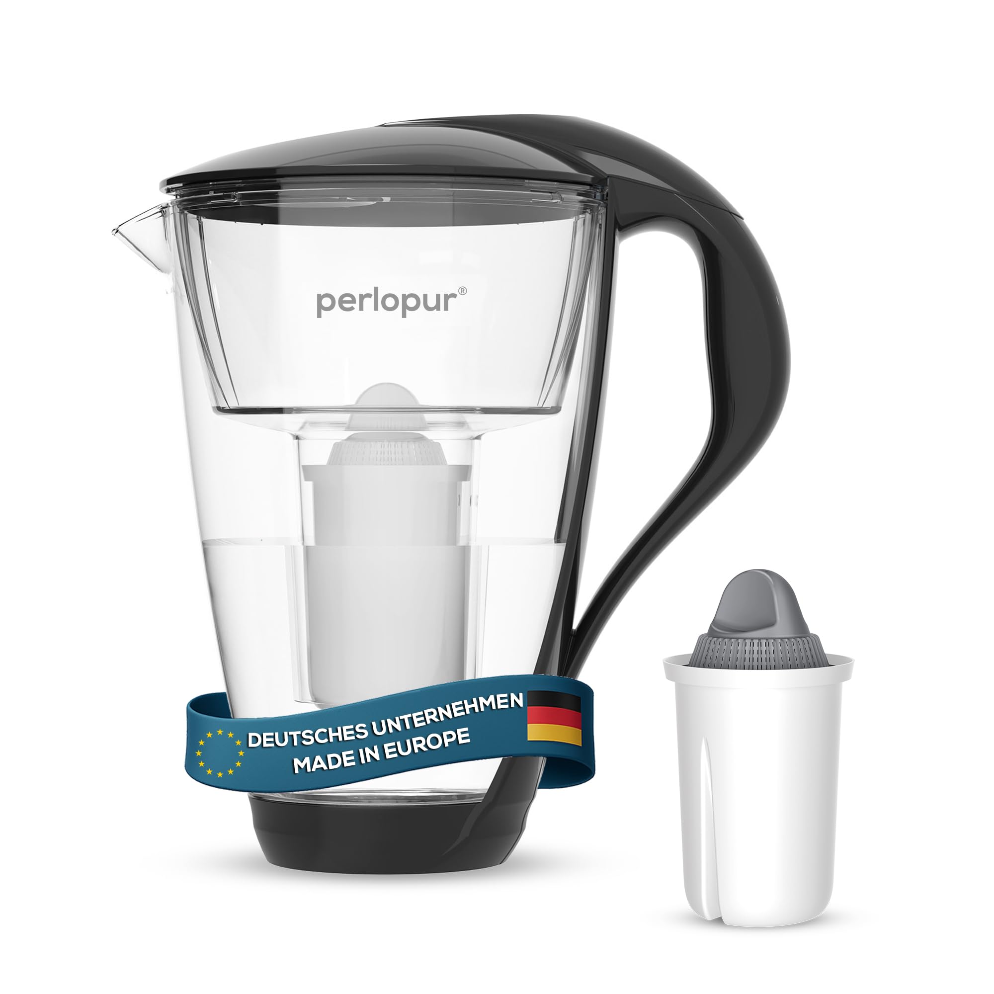 PearlCo - Carafe avec filtre à eau en verre - noir - 1 cartouche Protect+ classic incluse (compatible avec Brita Classic)