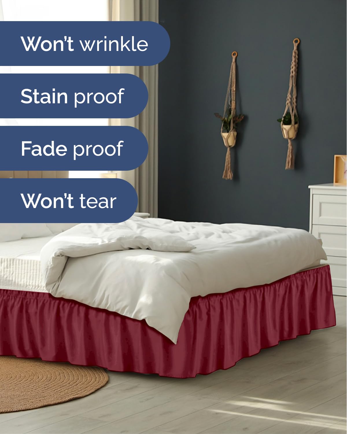 CGK Unlimited Volant de lit plissé en tissu brossé, infroissable, lavable en machine, pour grand lit, hauteur de 38,1 cm, sangle élastique facile à installer, bordeaux