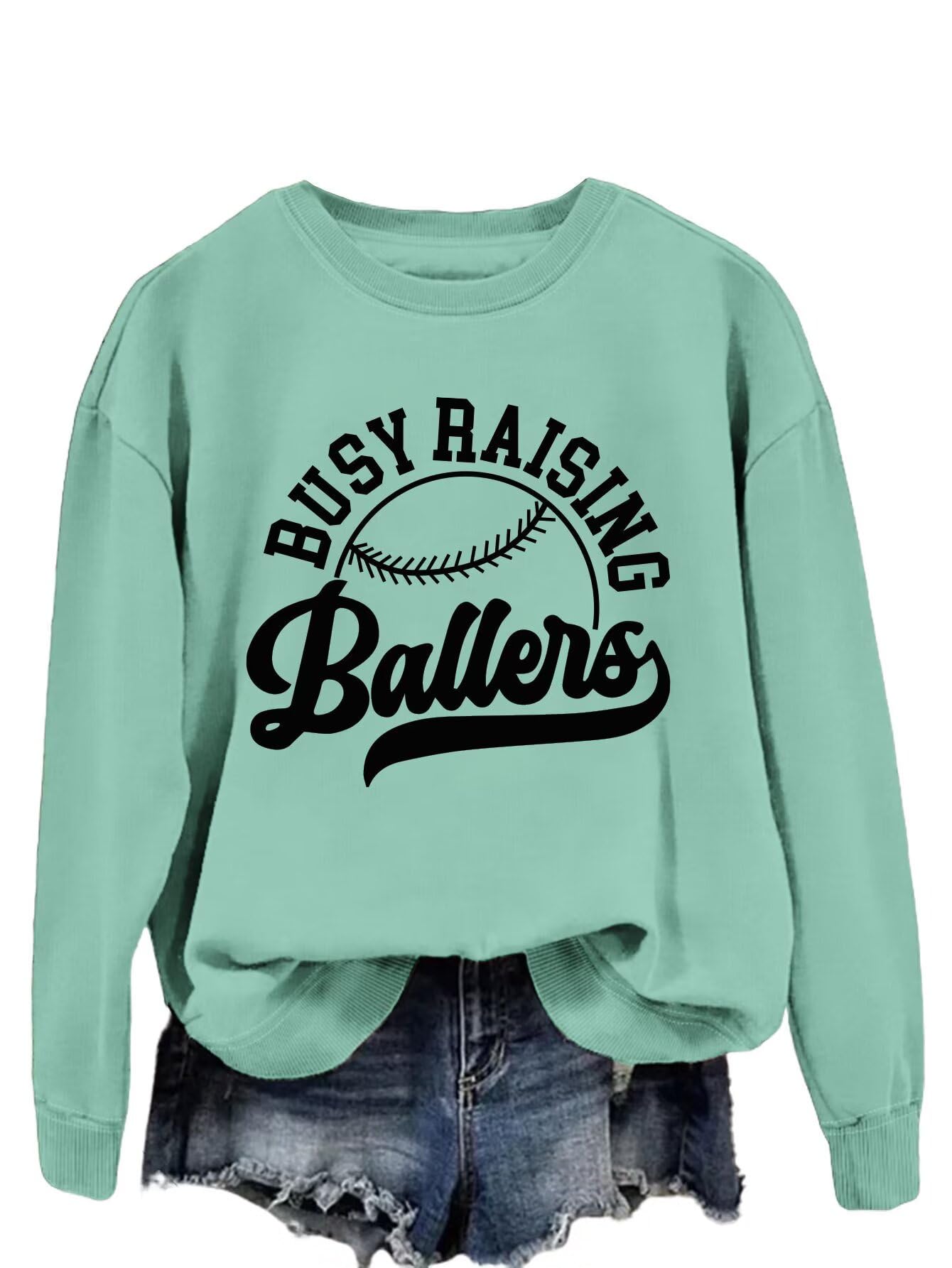 SUDUOYA Busy Raising Ballers Sweatshirt, Baseball Mom Crewneck Sweater Women Game Day Pullover Softball Mama Shirt