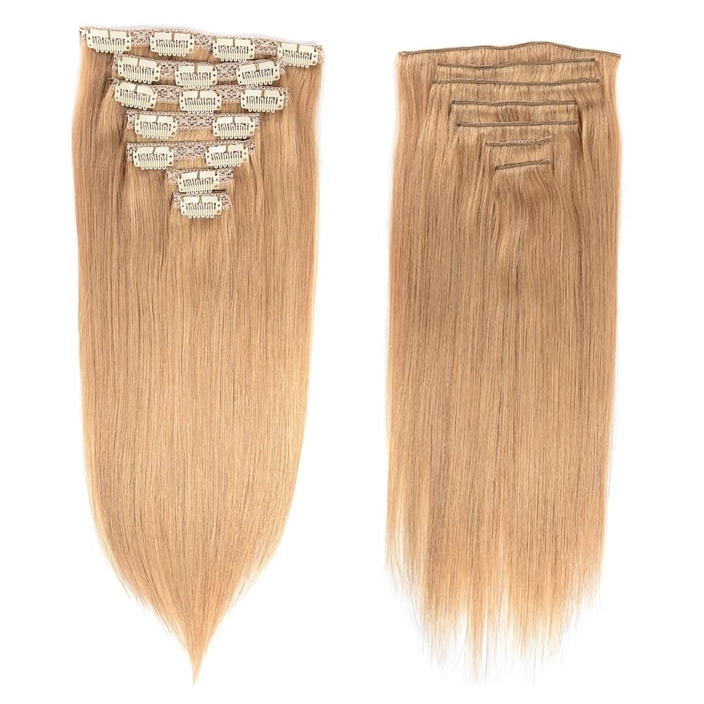 Przedłużenie na klips, naturalne włosy ludzkie Remy, ciemny blond ze złotymi refleksami, 120 g, 7 sztuk (18 cali)