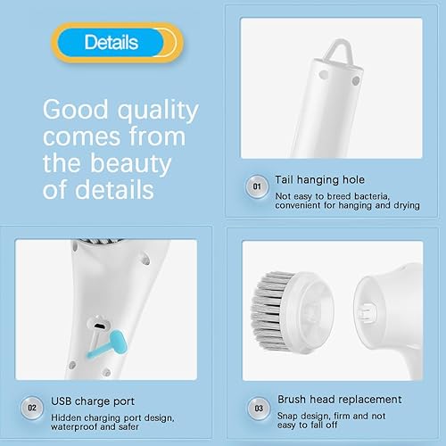 Miniatura 7 de Limpiador eléctrico inalámbrico con 5 cabezales de cepillo reemplazables, limpiador de ducha de mano para bañera, piso, pared, azulejos, inodoro,