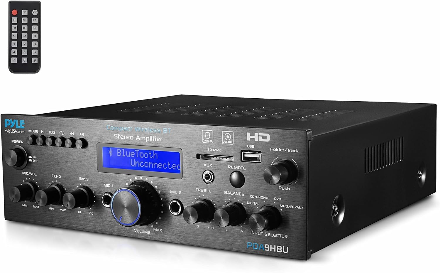 Pyle Bluetooth Audio Amplifier for Home - Multi-Channel Stereo Amplifier - Wireless- 200W - HDMI- FM Radio- USB/SD/AUX/RCA/Microphone Input - Remote Control