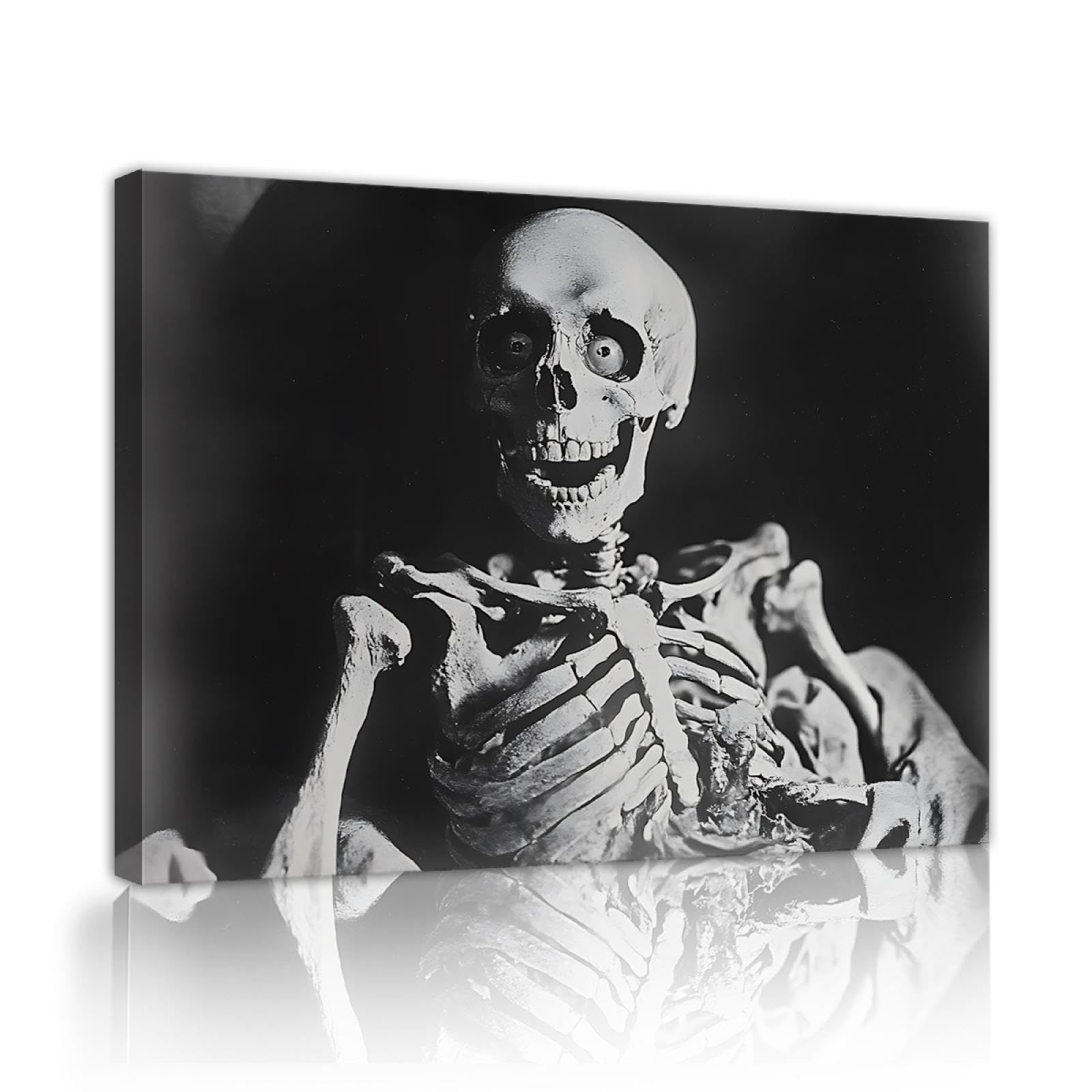 Via Vela Impression mystérieuse squelette affiche gothique squelette toile art mural vintage noir et blanc photos impressions peinture pour décor de chambre à coucher 70x90cm cadre intérieur
