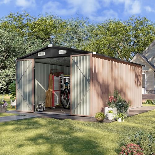 Aoxun 8x12 FT Outdoor Storage Shed Large Shed Steel Utility Tool Shed Storage House with Door & Lock Metal Sheds with Sloped Roof for Garden Patio Lawn Poolside Brown