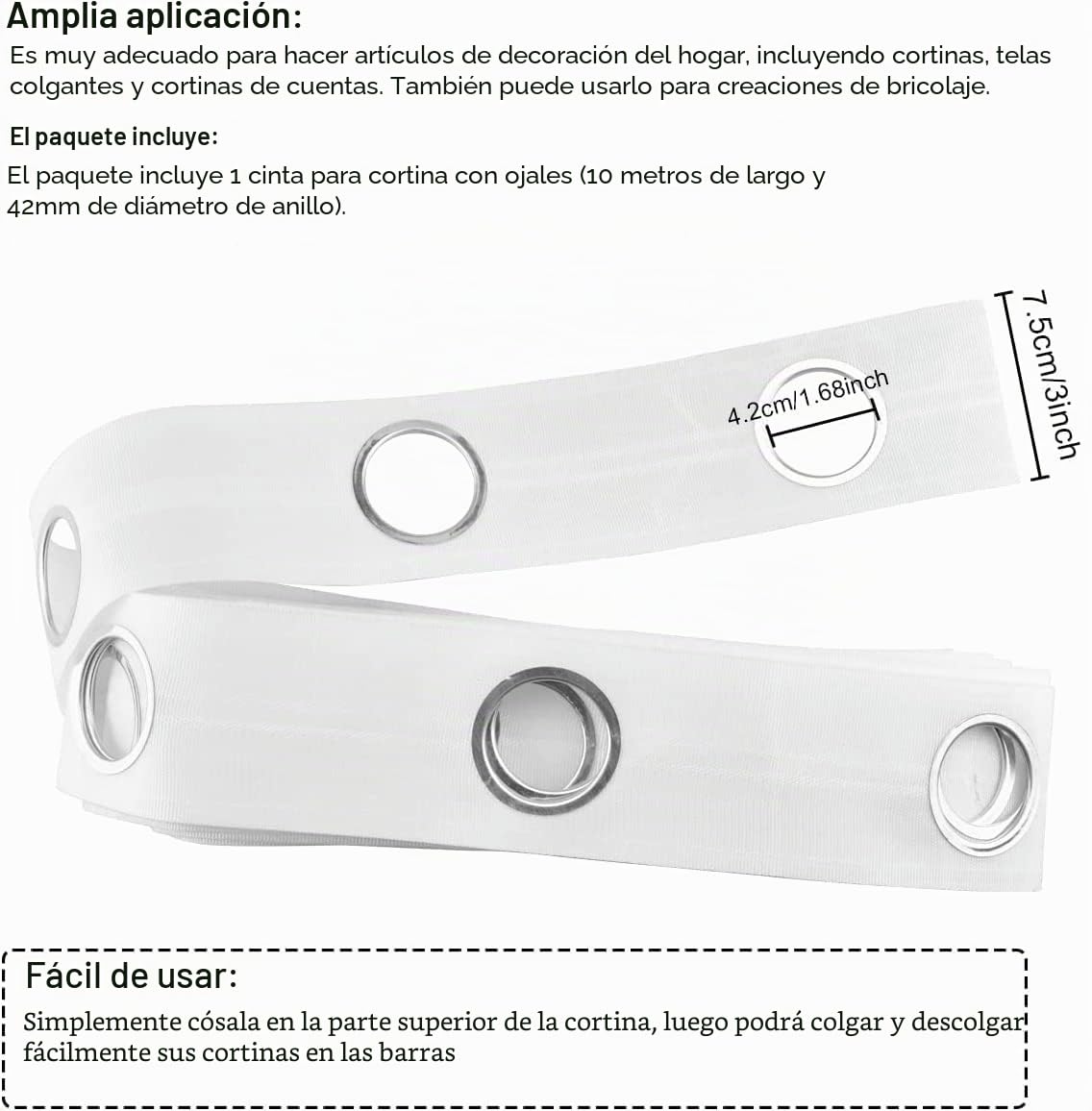 Cinta de Cortina Con Ojales de 10 m, 60 Anillos, Accesorios de Costura, Plateada, Para Cortinas Perforadas, Cabecera y Decoración de Bricolaje