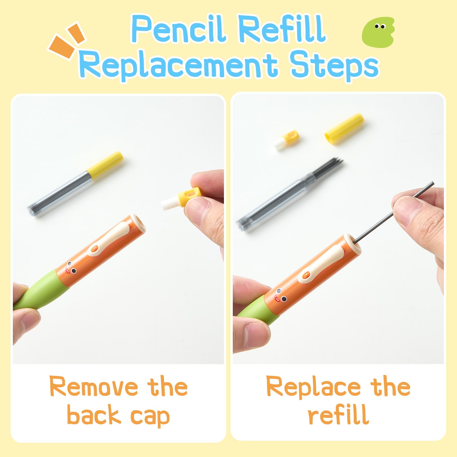 Portaminas grueso para niños, lápiz de escritura a mano Smile con agarre antideslizante y mina HB de 2.0 mm, resistente a la rotura, paquete de 8 incluye 96 recambios #2, sacapuntas y borrador