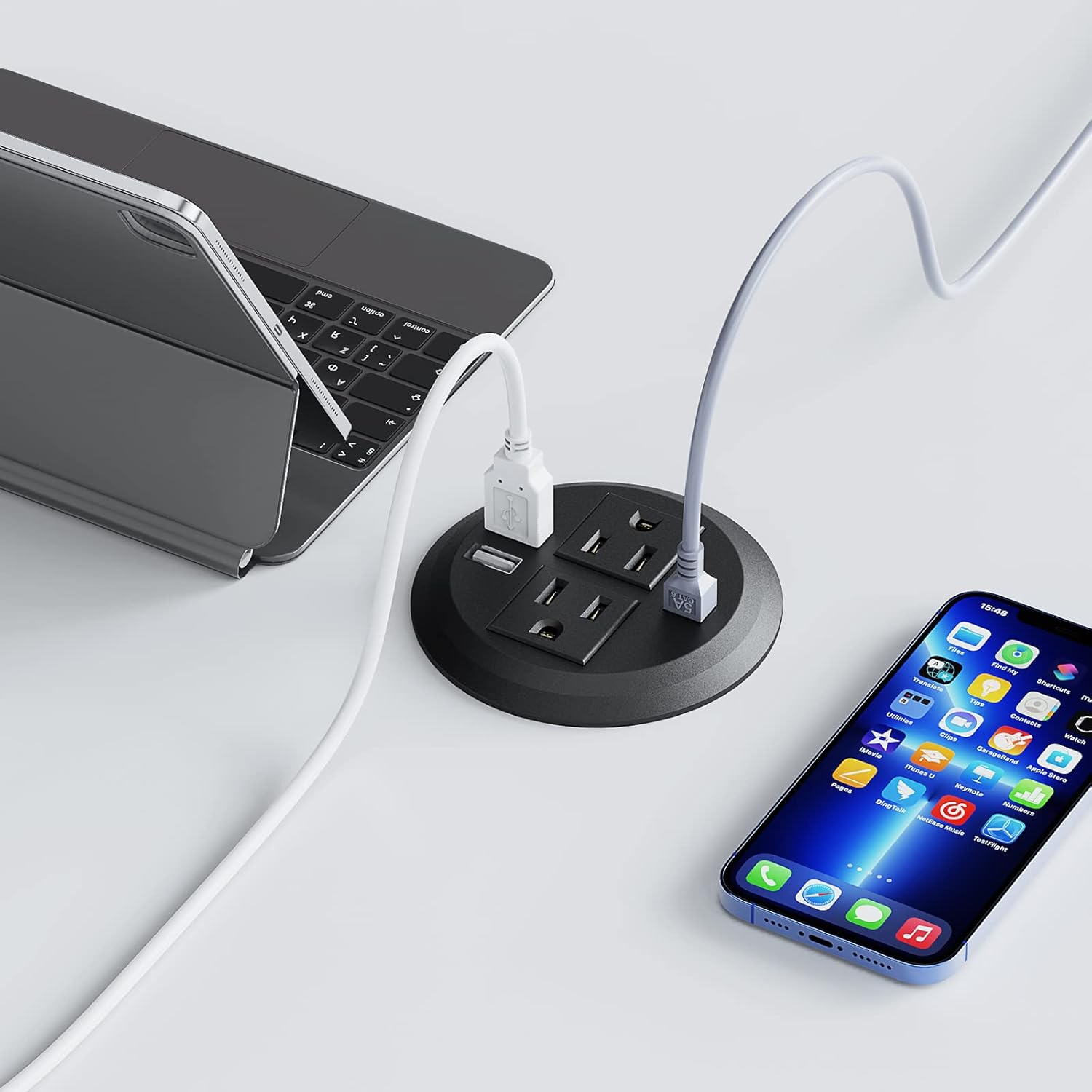 BTU Desktop Power Grommet 3 inch, Desk Power Outlet Socket Recessed Power Strip with 2 AC Outlet & 2 USB Ports & 1 CAT6 & 10ft Power Cords for Computer, Table, Kitchen, Office