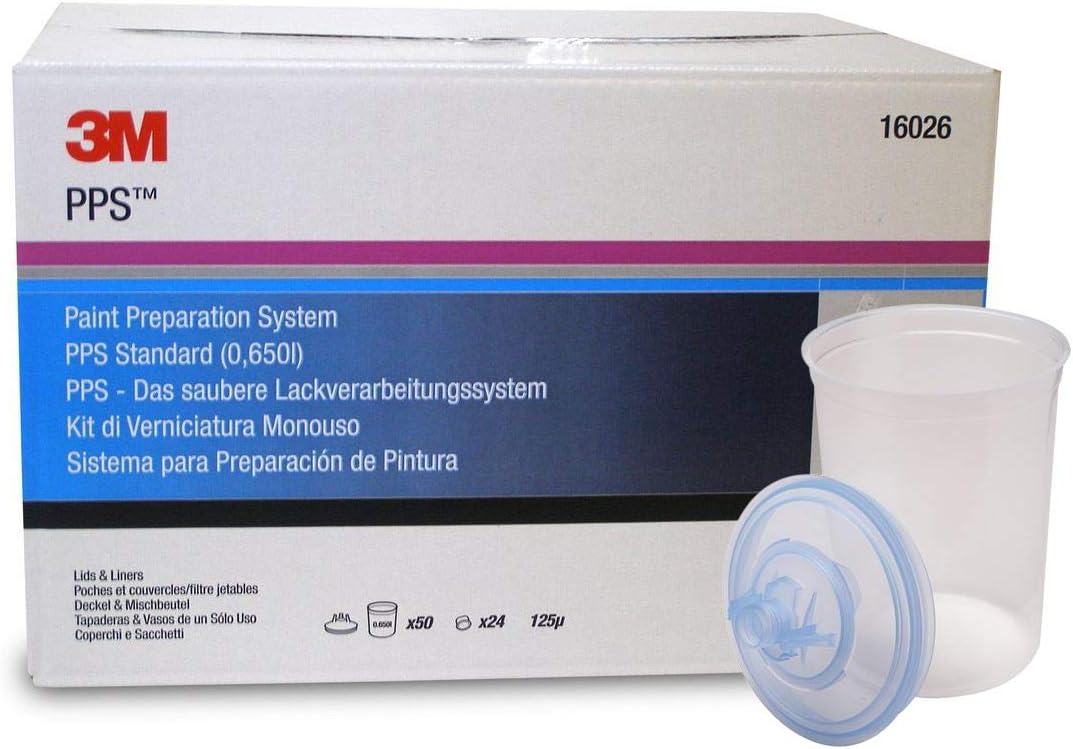 3M 16026 650ml Paint Preparation System PPS [Cups] Lids, Liners & Caps - 16026 50 lids and liners and 25 sealing caps 125 micron filter 16001 Mixing Cups