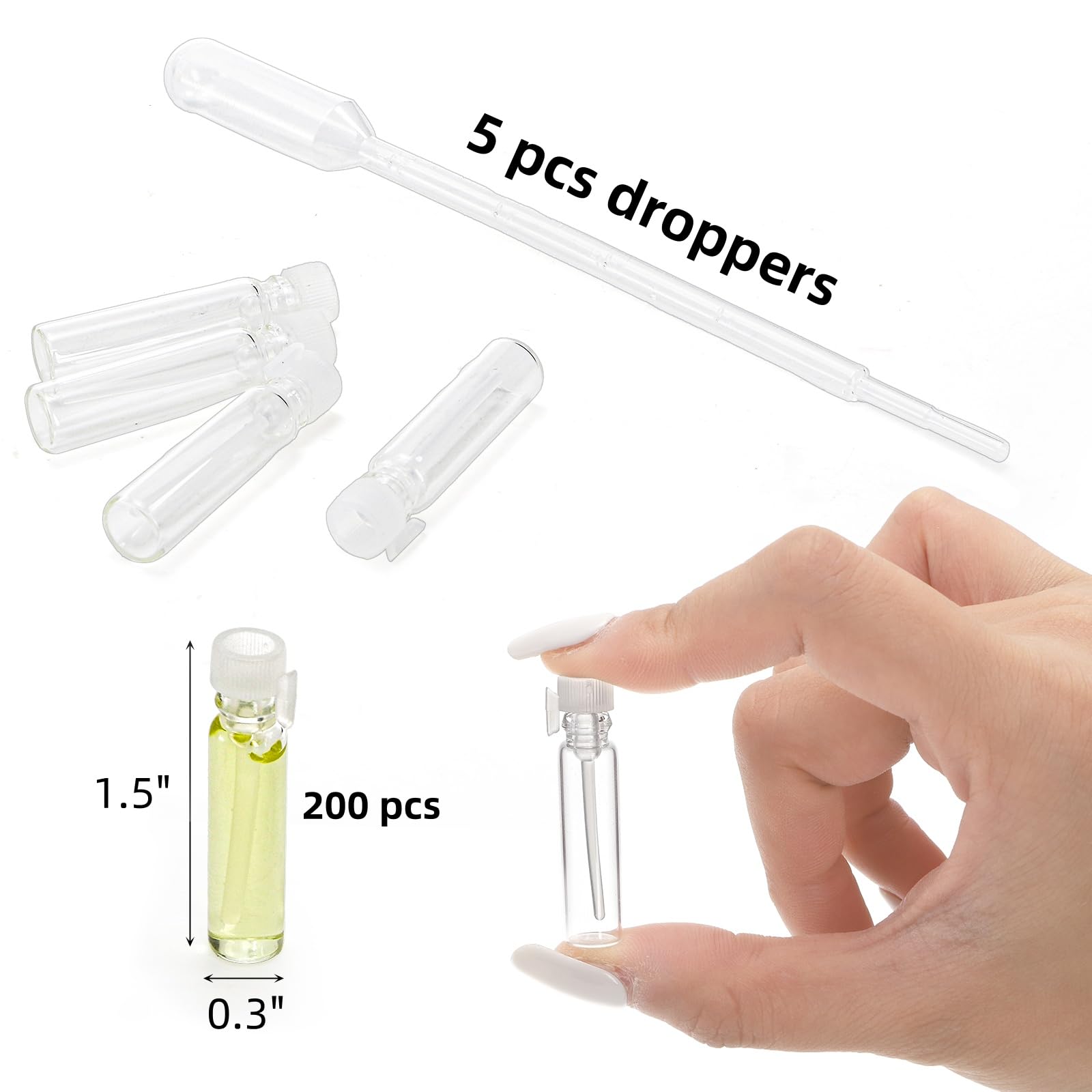 Mini-Parfümprobenflaschen mit 5 Pipetten, leere nachfüllbare Cologne-Dekantflaschen, Reise-Tester-Fläschchen für Duft, ätherische Öle, DIY-Flüssigkeiten, 200 Stück