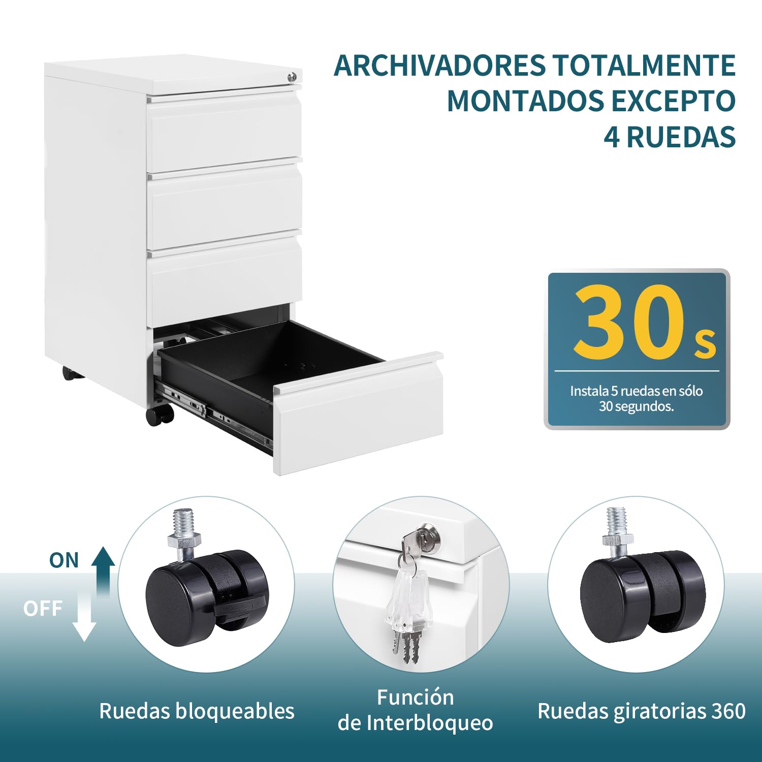 Archivador Móvil con Cerradura, Cajonera, 4 Cajones, Ruedas Silenciosas, Con 4 llaves, Archivador Dbajo del Escritorio Para Oficina, Completamente Ensamblado