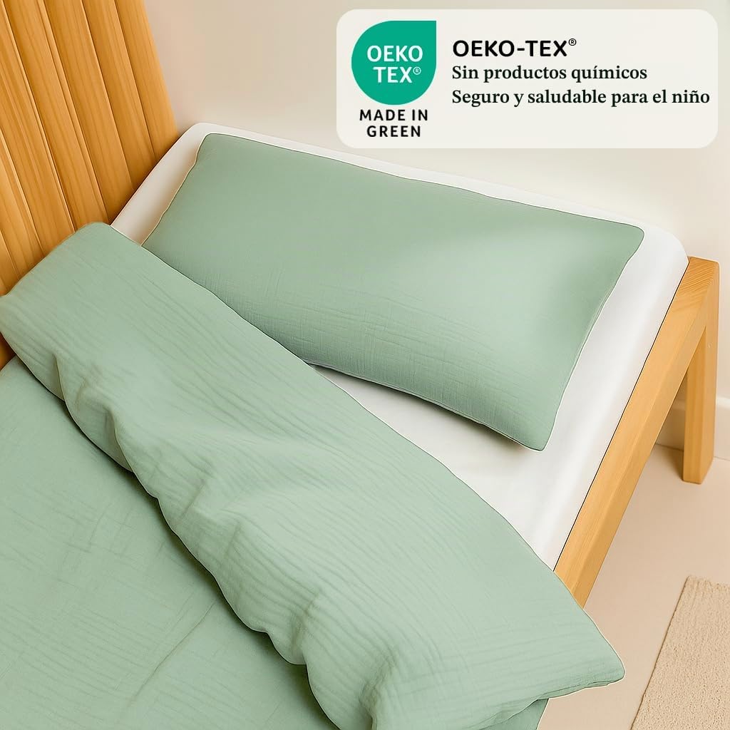 Sábana bajera de 80 x 160 cm + funda nórdica (100% gasa algodón) 120 x 170 cm + funda de almohada (100% muselina algodón) 40 x 60 cm – Juego de 3 piezas de 80 x 160 cm – Suave y aireada (Eucalipto, 80