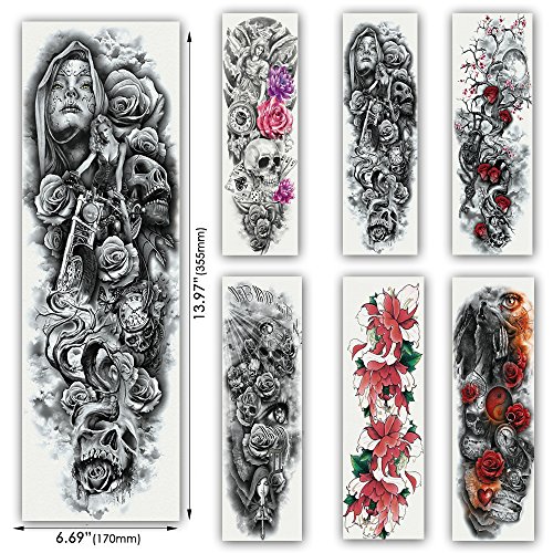 6 Sheets Full Arm Temporary Tattoo, Waterproof Extra Large Black Skull Rose Temporary Tattoos for Men and Women, Adults Body Art Tattoo Sticker Fake Tattoo