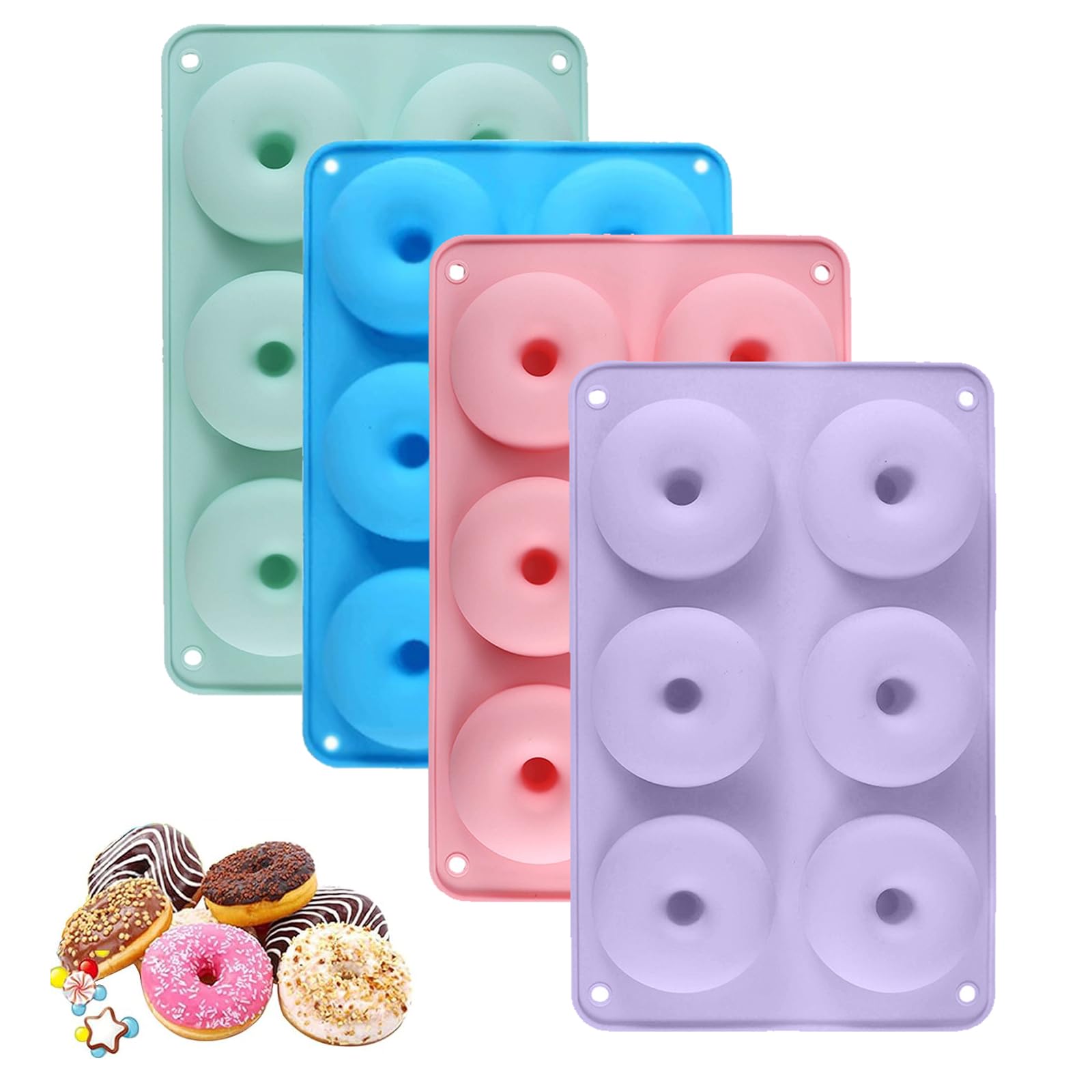 PRVCFZ 4 PCS Donut Mould, Non-Stick 6 Cavity Silicone Doughnut Tray Pan, Large Baking Molds (Blue, Pink, Green, Purple)
