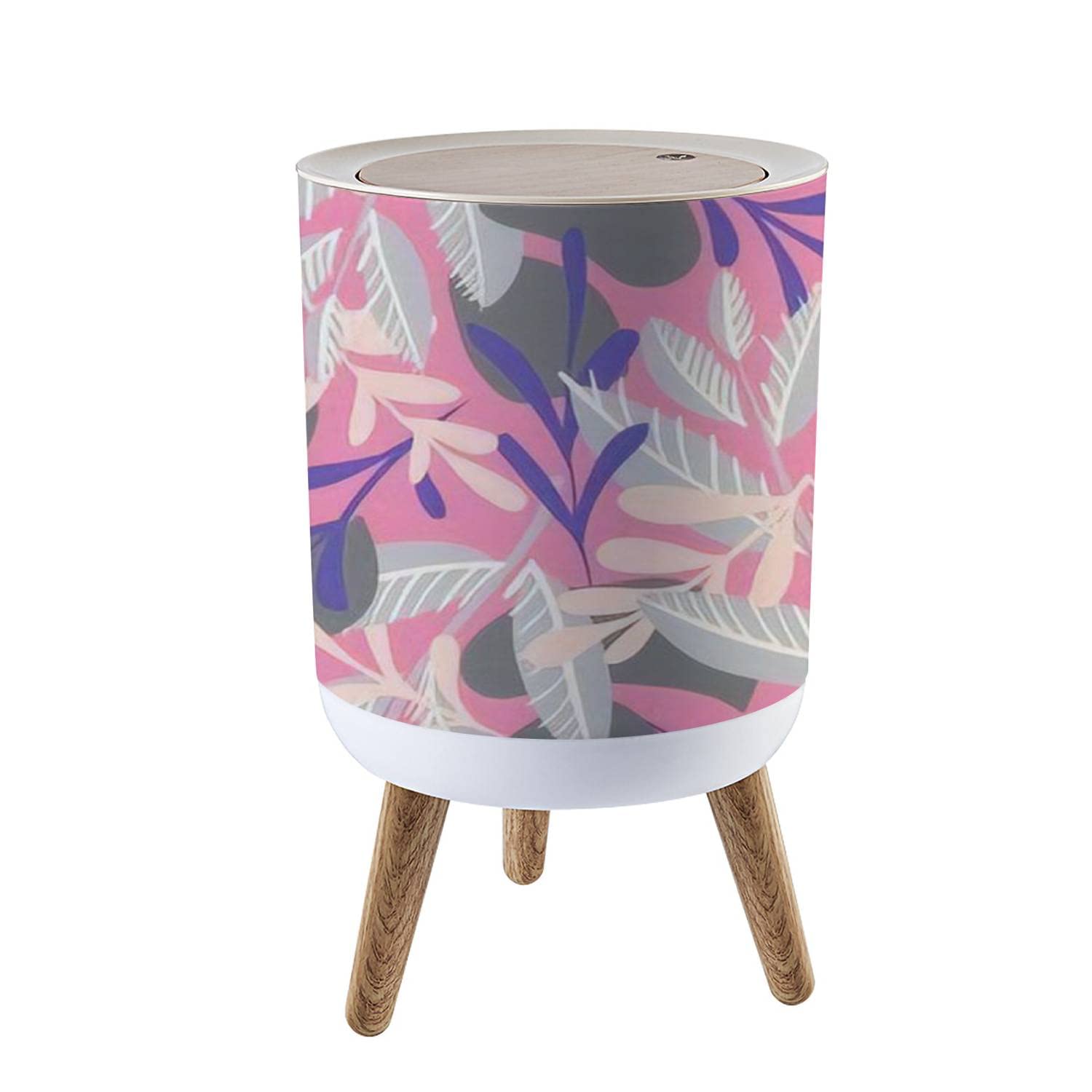 IBPNKFAZ89 Small Trash Can with Lid Seamless Abstract neture with Leaves Branches Garbage Bin Wood Waste Bin Press Cover Round Wastebasket for Bathroom Bedroom Office Kitchen