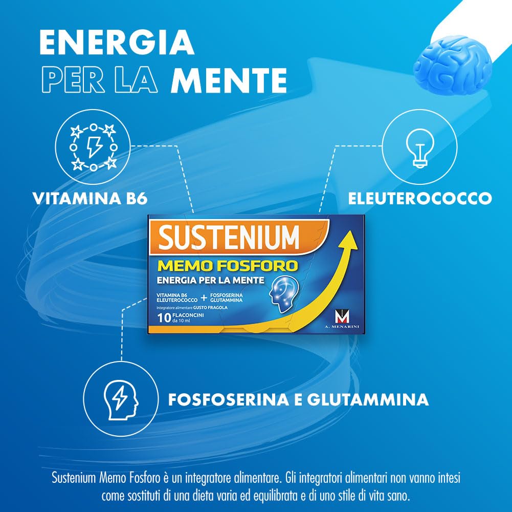 Sustenium Memo Fosforo - Integratore alimentare a base di Fosfoserina, Glutammina, Vitamina B6 ed Eleuterococco. Aroma di fragola. Confezione da 20 flaconcini (10ml)