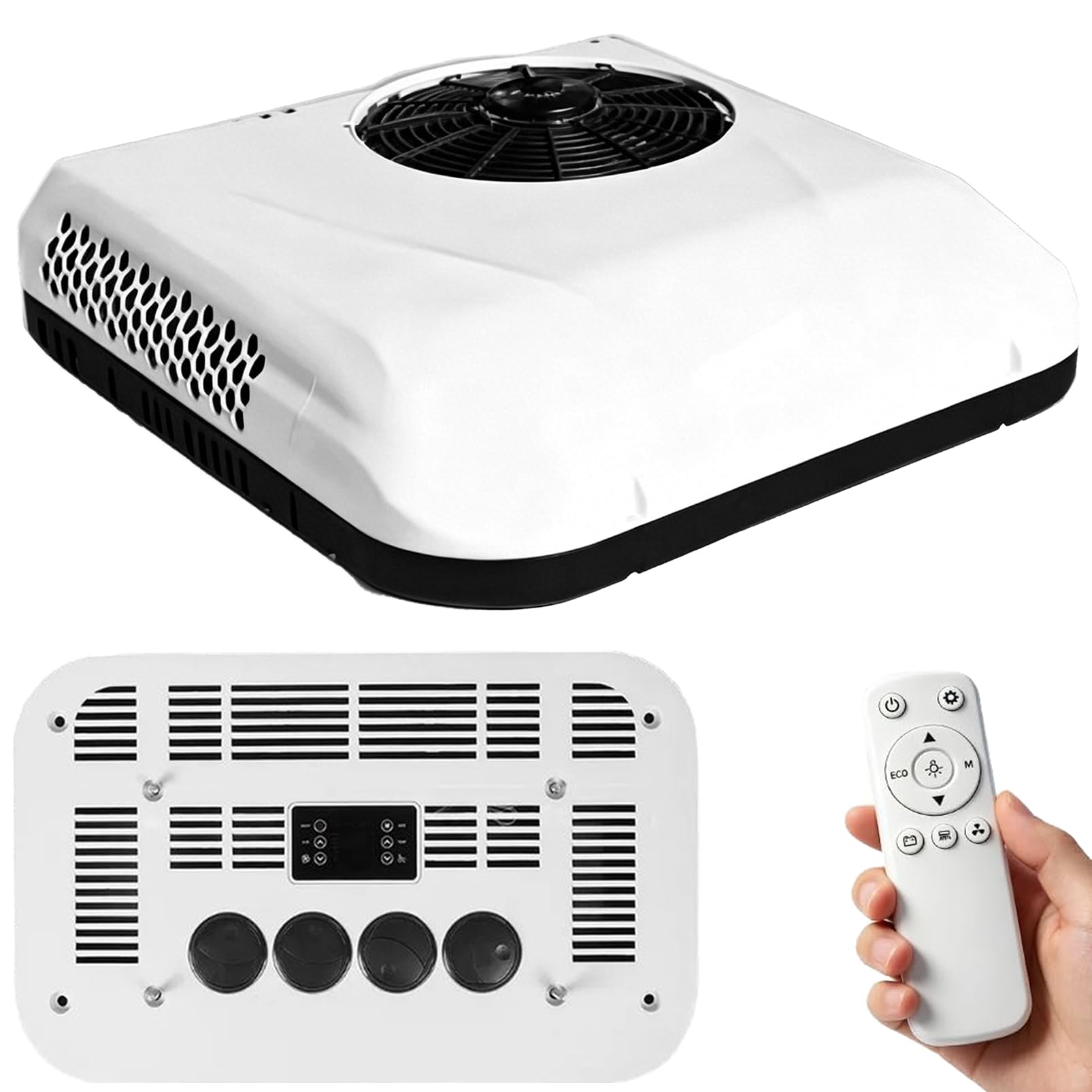 DmqChry 12V DC RV Air Conditioner | 9000 BTU Low Power Draw | Camper Rooftop AC Unit with Remote Control | Cooling & Heating | Battery Powered | 45dB Ultra Quiet | for Camper Van and Truck 12V