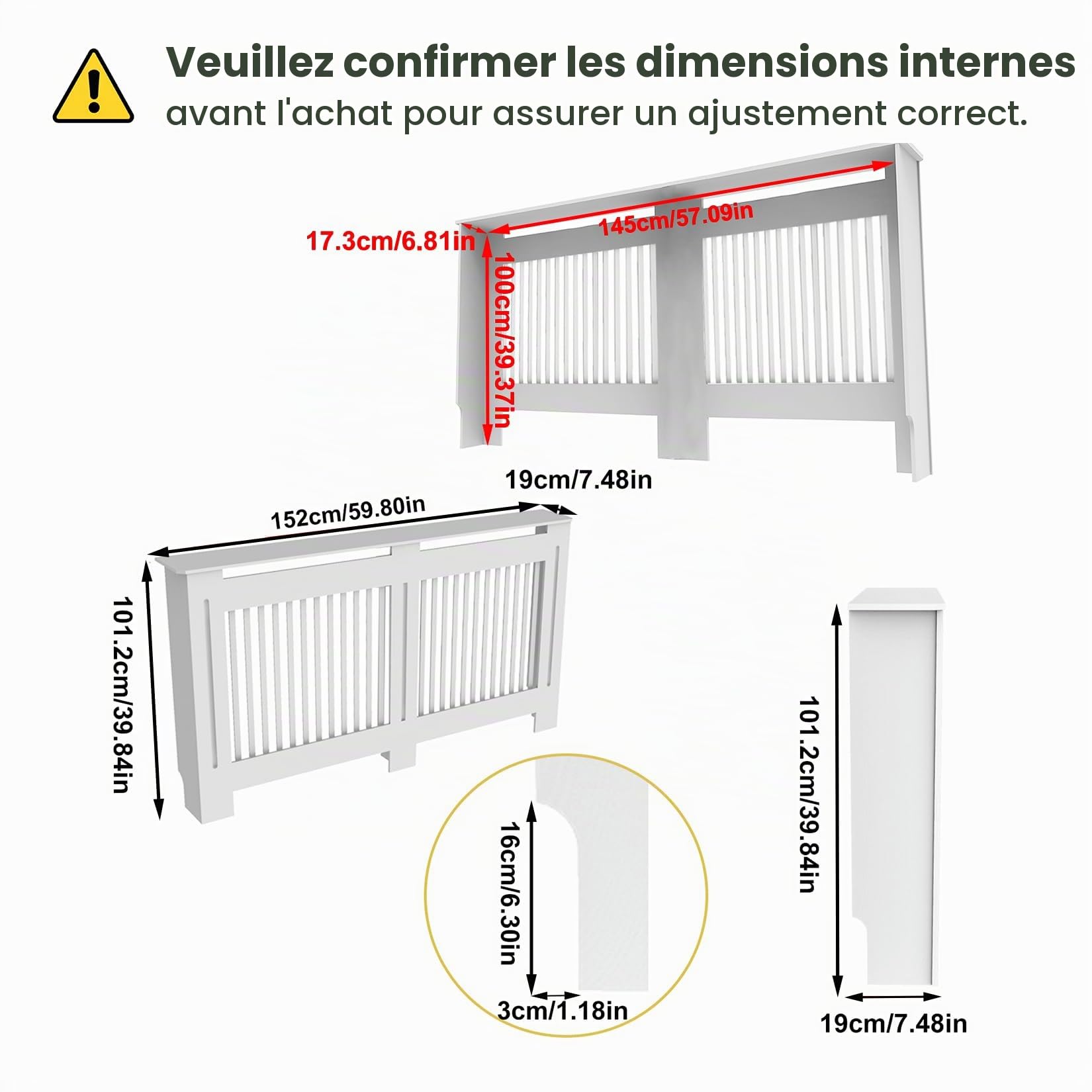 FATIVO Cache-radiateur Haut en Bois MDF - Hauteur Intérieure 100 cm, Grandes Couvertures de Chauffage Blanches à Lattes Verticales, Étagère Moderne