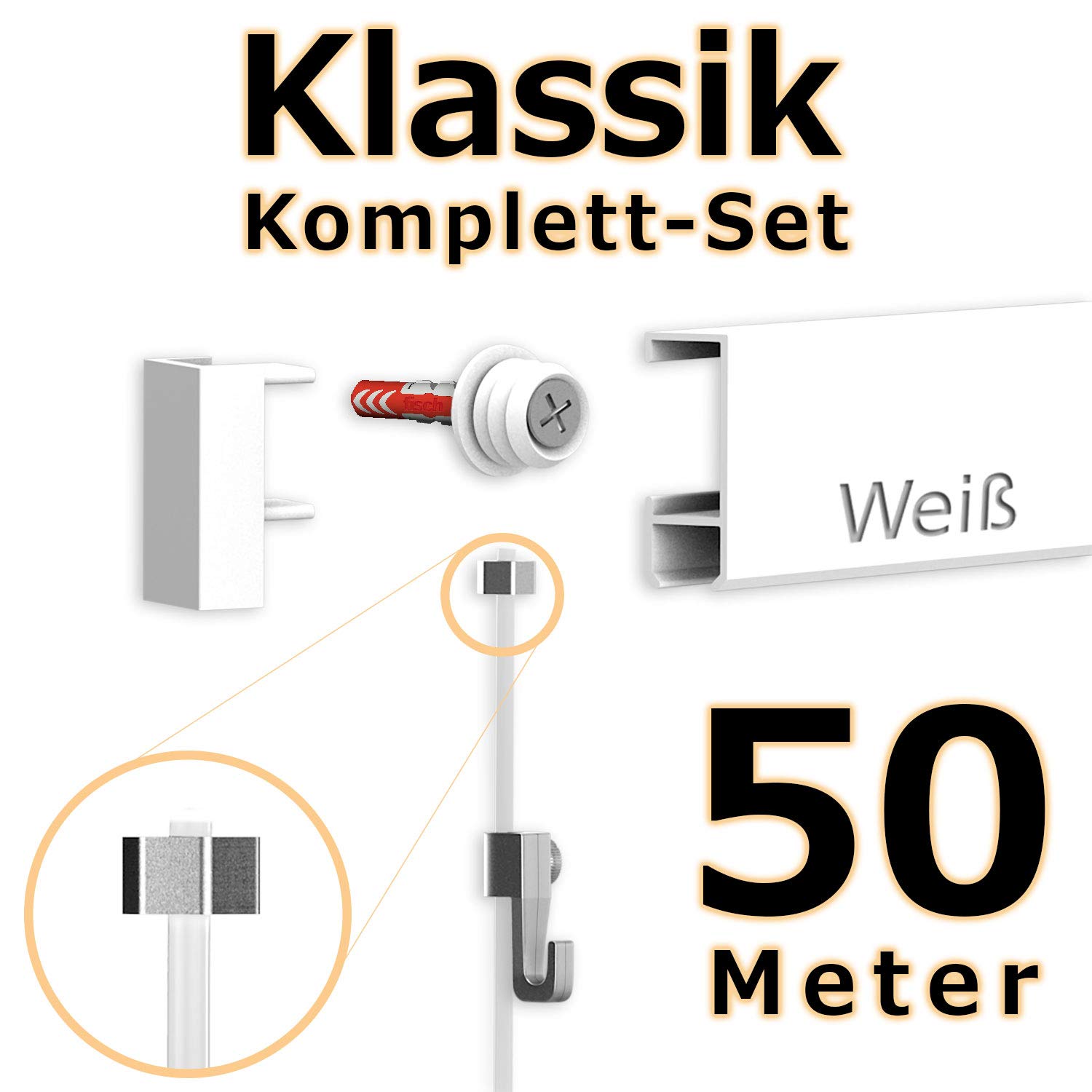 hang-it 50 Meter Bilderschienen Galerieschienen - Komplett Set in weiß