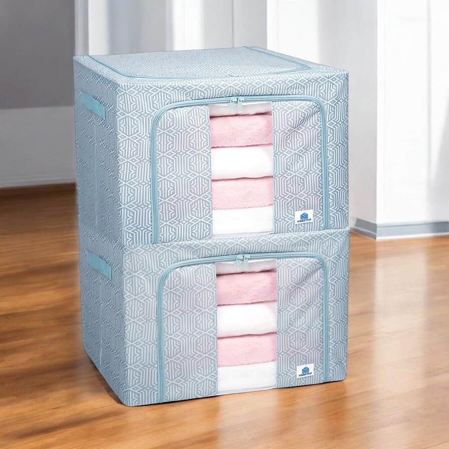 HomeStrap 66L Foldable Living Box | Spacious Organizer | Durable Oxford Fabric with Steel Frame, Zipper & Handles | Perfect for Quilts, Clothes, Books, Bedding (Pack of 2)