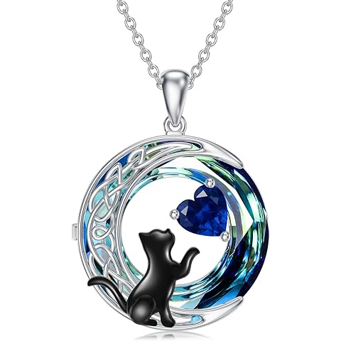 TOUPOP Cat Necklace with September Birthstone Sapphire Jewelry for Women 925 Sterling Silver Moon Cat Pendant Necklace with Blue Crystal Chritmas Anniversary Birthday Gifts for Her