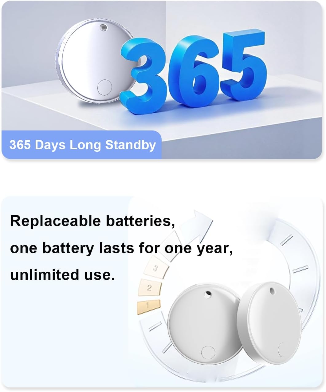 Image showing '365 Days Long Standby' and two Nutale trackers with an arrow indicating battery replacement.