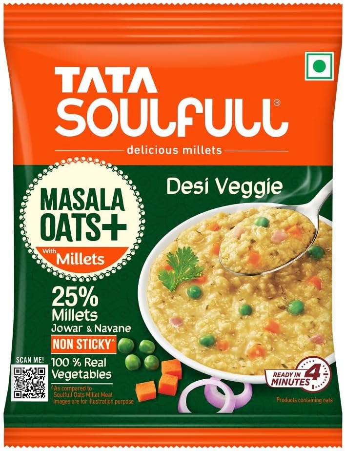 Tata Soulfull Masala Oats+, Desi Veggie, 33g, 25% Millets, Real Veggies, Healthy Evening Snack, Non Sticky