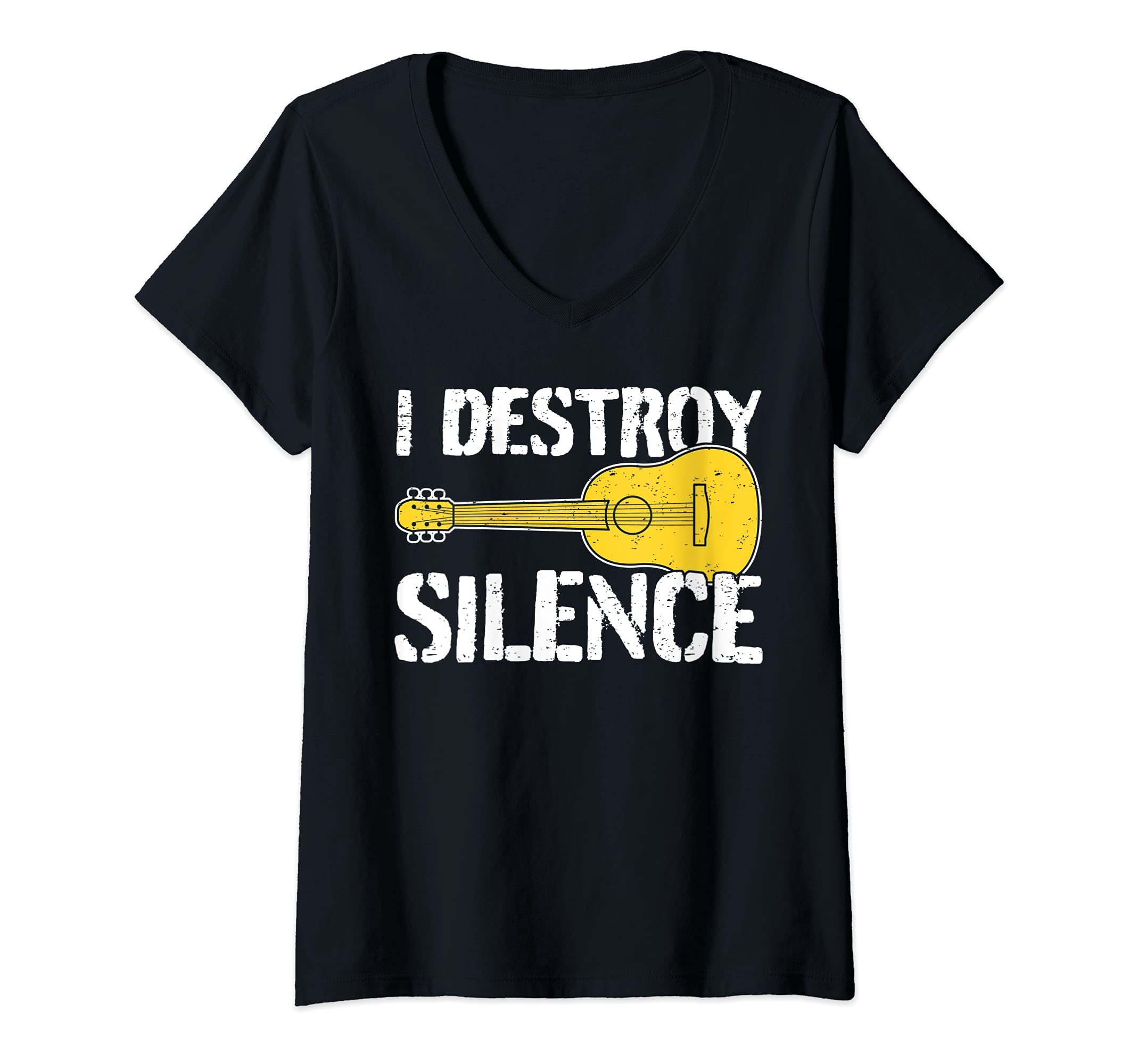 Womens Cool Guitar Player Saying Guitarist I Destroy Silence V-Neck T-Shirt, Black