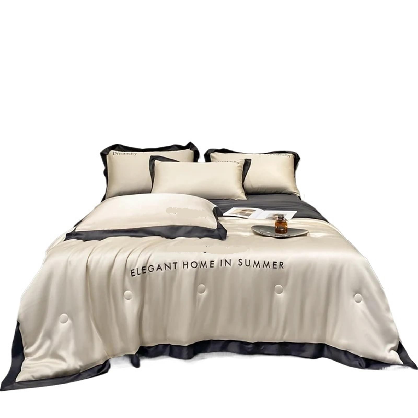 UALXPAO silk bedding 4pcs Embroidered Ice Silk Summer Comforter Set Suitable for Bedroom Apartment Bedding for Comfort Breathable Cool(Camel,180x220cm)