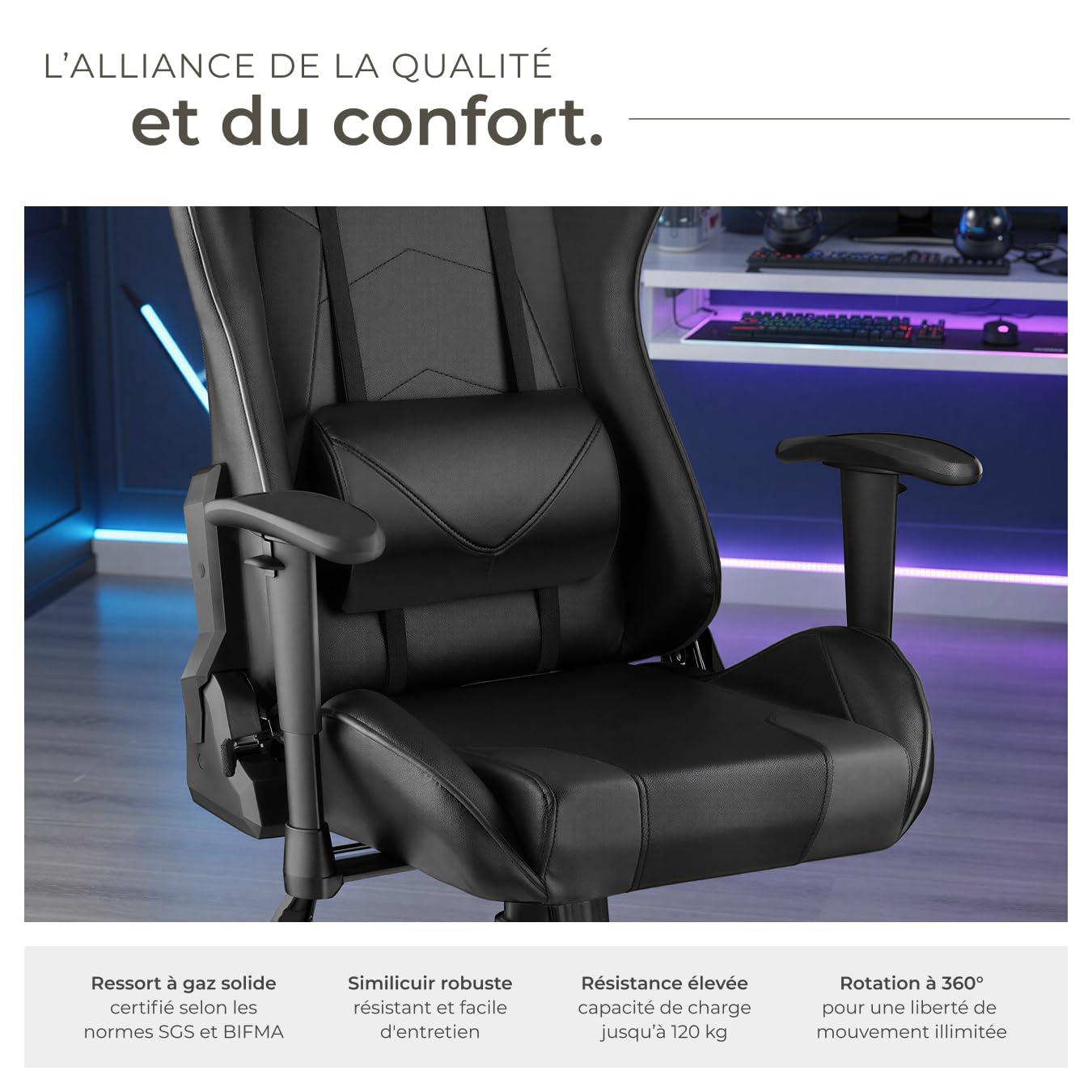 tectake® Chaise Gaming Chaise de Bureau Fauteuil de Bureau Fauteuil pivotant Design avec Coussin Lombaire et Nuque, Chaises Ergonomique, Fauteuils avec Accoudoirs, Roulette, Teletravail - Noir