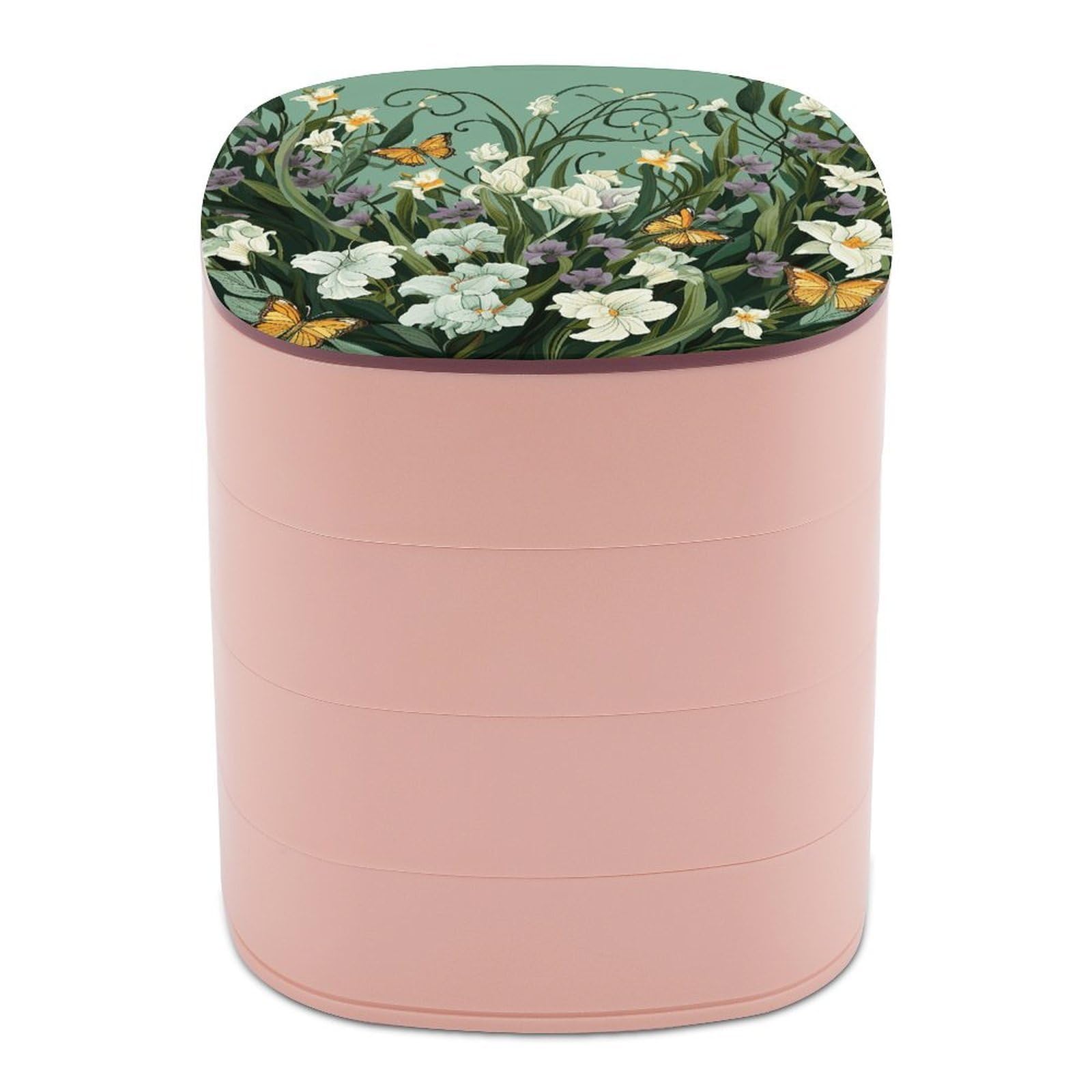 JTREHY Flowers And Butterflies on Green Background Jewelry Box 4-Layer Covered Rotating Jewelry Storage Box Large Capacity Storage Boxes Portable Jewelry Case for Bracelets Earrings Necklace