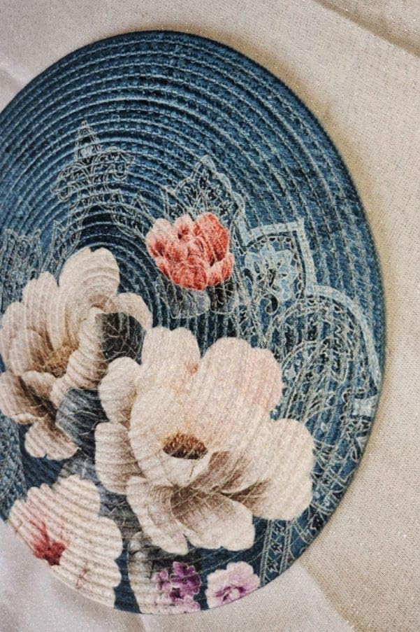 Image of Jute Cotton Round Table Mats Set of 6 - Dining Table mat 6 Pieces Waterproof, Elegant and Durable for Dining Table (Blue Lilly)