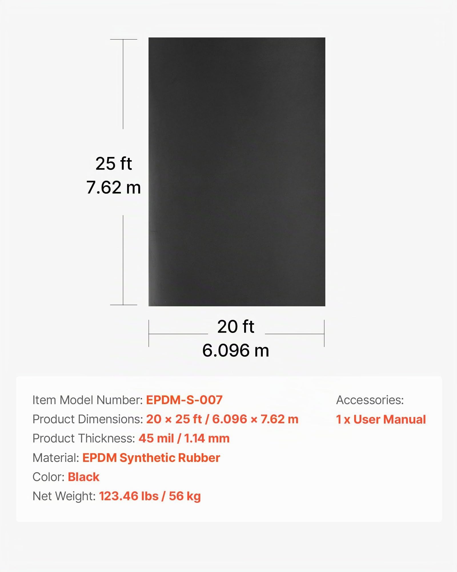 VEVOR Membrana para Techos de 6,096 x 7,62 m, Lámina de EPDM de 1,14 mm, Impermeabilización, Duradera y Resistente a la Intemperie, Base para Autocaravanas, Techos y Estanques, Negro, 1 Rollo
