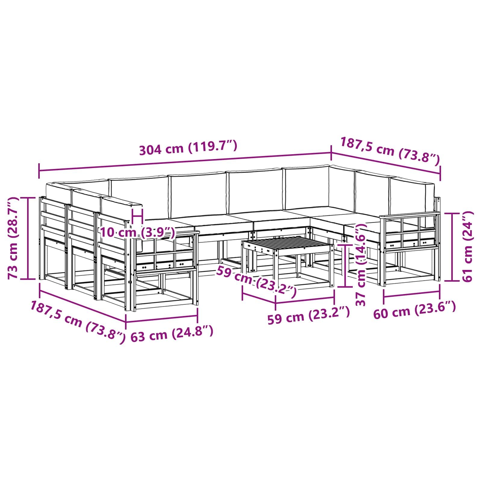 Modułowa sofa outdoorowa zestaw 10-częściowy z poduszkami, z drewna akacjowego, zestaw mebli ogrodowych w kolorze naturalnym i beżowym