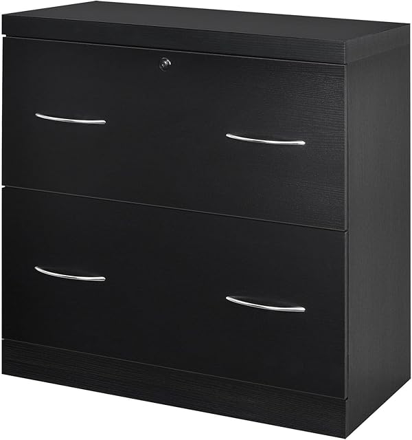 Multigot Filing Cabinet, Lockable Desk Cabinet with 2 Large Drawers, Modern Lateral Storage Cupboard for Office Home (Black)