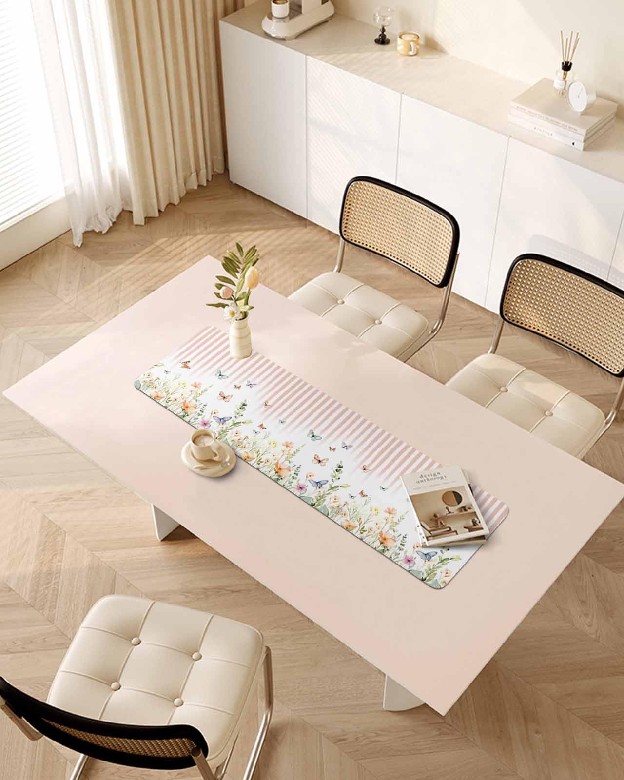 Debedcor Heat Proof Table Pads Waterproof Decorative, Rustic Floral Non-Slip Table Countertop Protector, Pastoral Butterfly Pink Striped Insulation Mat for Kitchen Room, 40 x 12 Inches