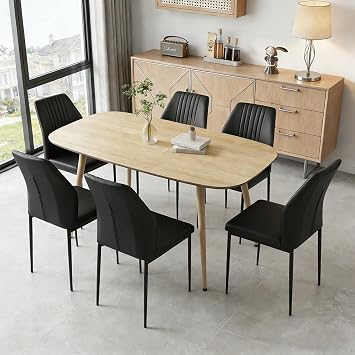 JIEXI Modern Dining Table Set for 6 - Wood Table Resistant Surface & 6pcs U-Shaped Chairs, Kitchen & Dining Room Furniture, Ideal for Small Spaces Wood Grain Finish + Black, 1 Table + 6 Chair