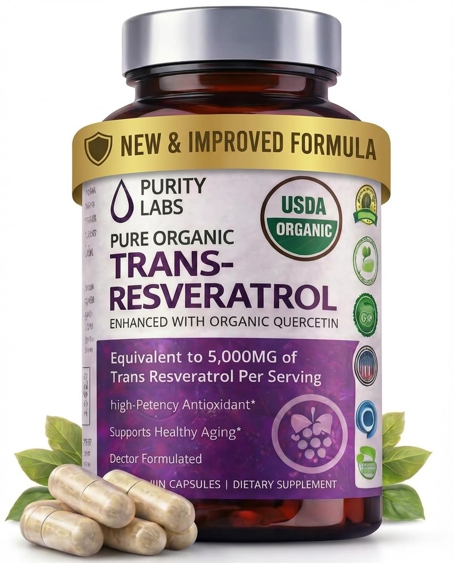 Purity Labs Trans-Resveratrol Supplement 5,000 mg Equivalent per Serving with Quercetin, USDA Organic High Potency Antioxidant, Vegan Capsules, 90 Count