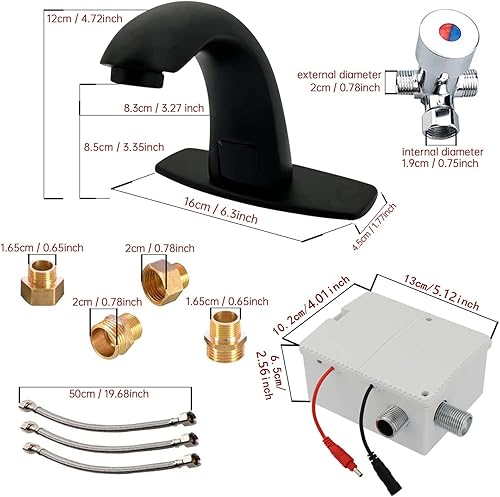 Miniatura 5 de Grifo de lavabo de baño con sensor automático con placa de cubierta de agujero, sin contacto, latón, negro, grifo de agua con mezclador de