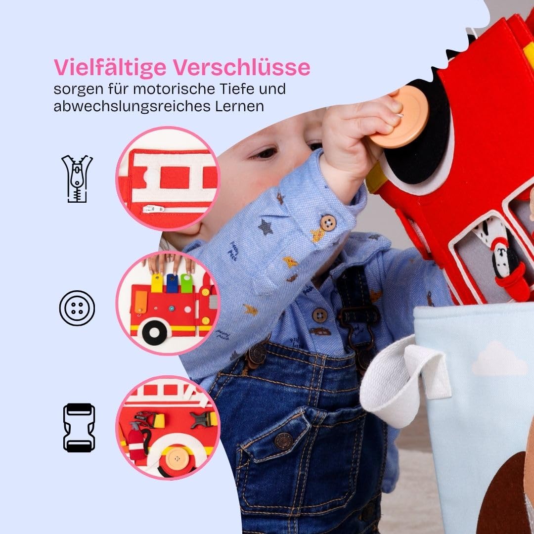 Jolly Designs Travel Buddy Vigili del fuoco – Montessori Giocattoli a partire dai 18 mesi – Busy Book & Libro in stoffa in feltro – Giocattoli educativi & Libro in moto per bambini – Giocattoli da