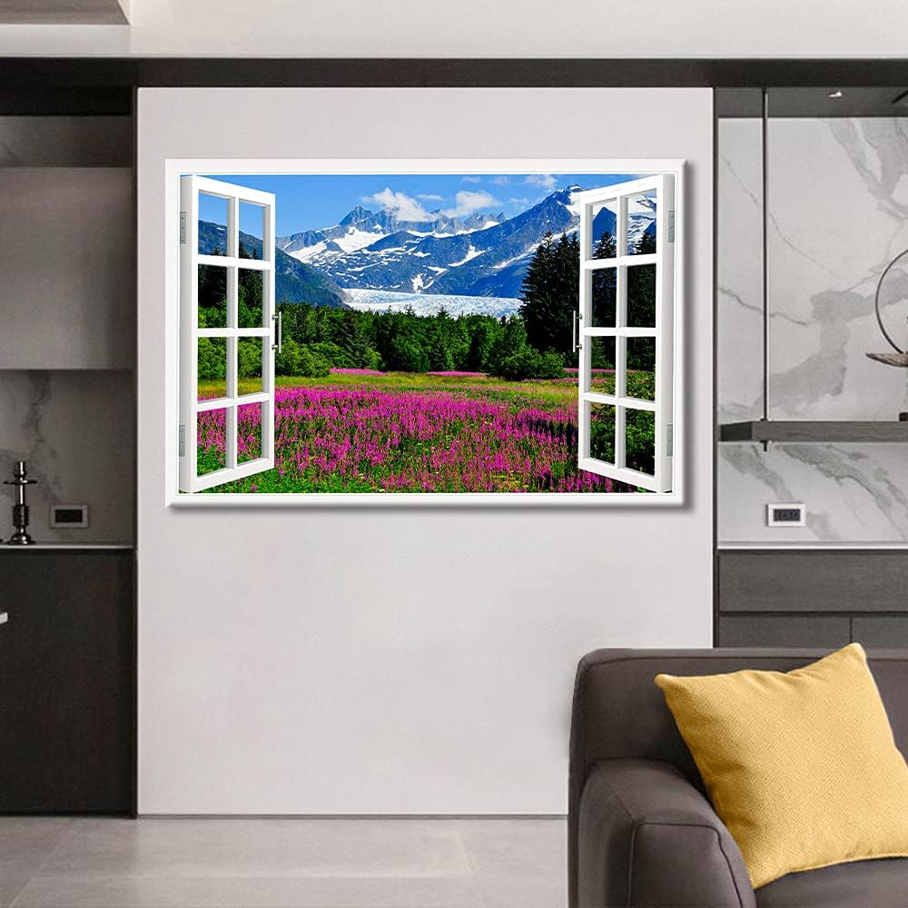Pictures for Living Room Mendenhall Glacier Landscape Flowers Bloom Picture Fake Window with Picture Canvas Paintings Artwork Home Decor Framed Gallery-wrapped Stretched Ready to Hang, 16" Wx24 H