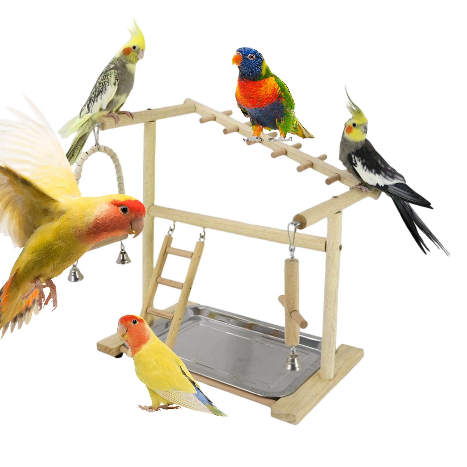 Perchoir À Oiseaux Balançoires Échelles En Bois | Avec Plateau Amovible Et Coupe Perchoir Bois Perroquet pour Mastication Fouissage Calopsitte Accessoires Cage Maison