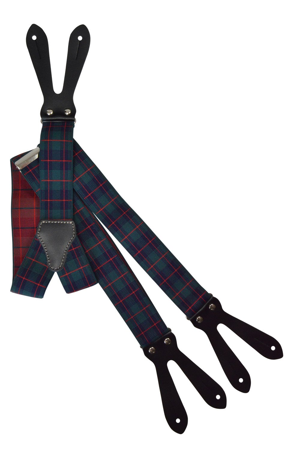 Olata Button-Down Formal Dress Suspenders/Braces with Patterns, 3.5cm - Green, Blue & Red Tartan (3243)
