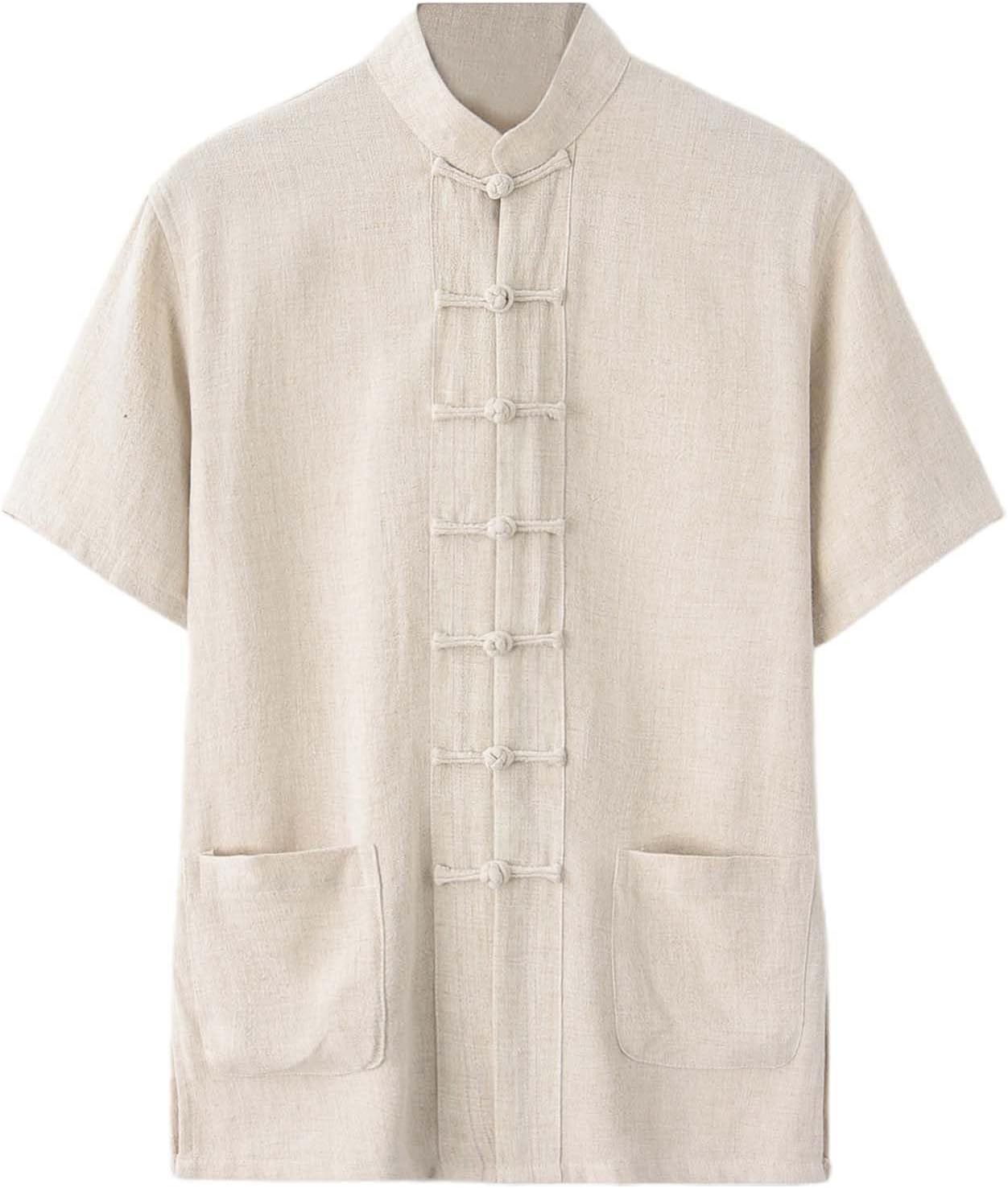 Shirts for Mens Short Sleeve Button Down Chinese Kung Fu Tai Chi Shirts Traditional Front Placket Tang Suit